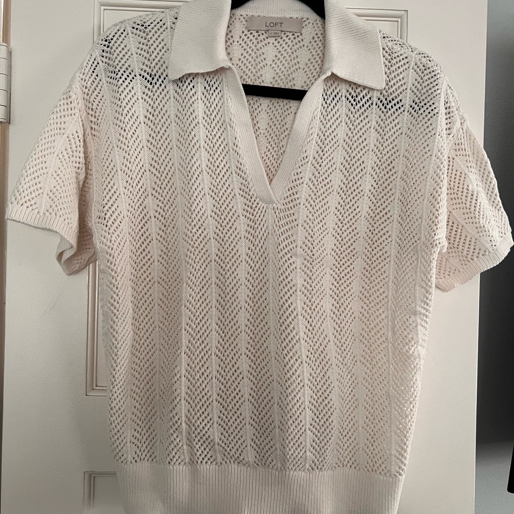 LOFT Women's Ivory Openwork Polo